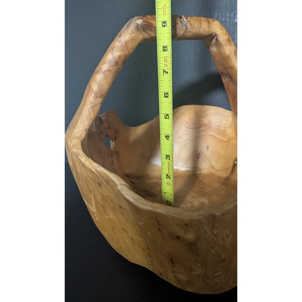 Vintage Hand Carved Burl Wood Rustic Wooden Basket with Handle So Much Character